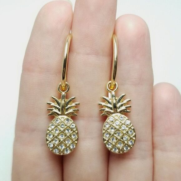 Vintage Rhinestone Encrusted Pineapple Charm Dangle Hoop Earrings, Retro Estate - Picture 2 of 6
